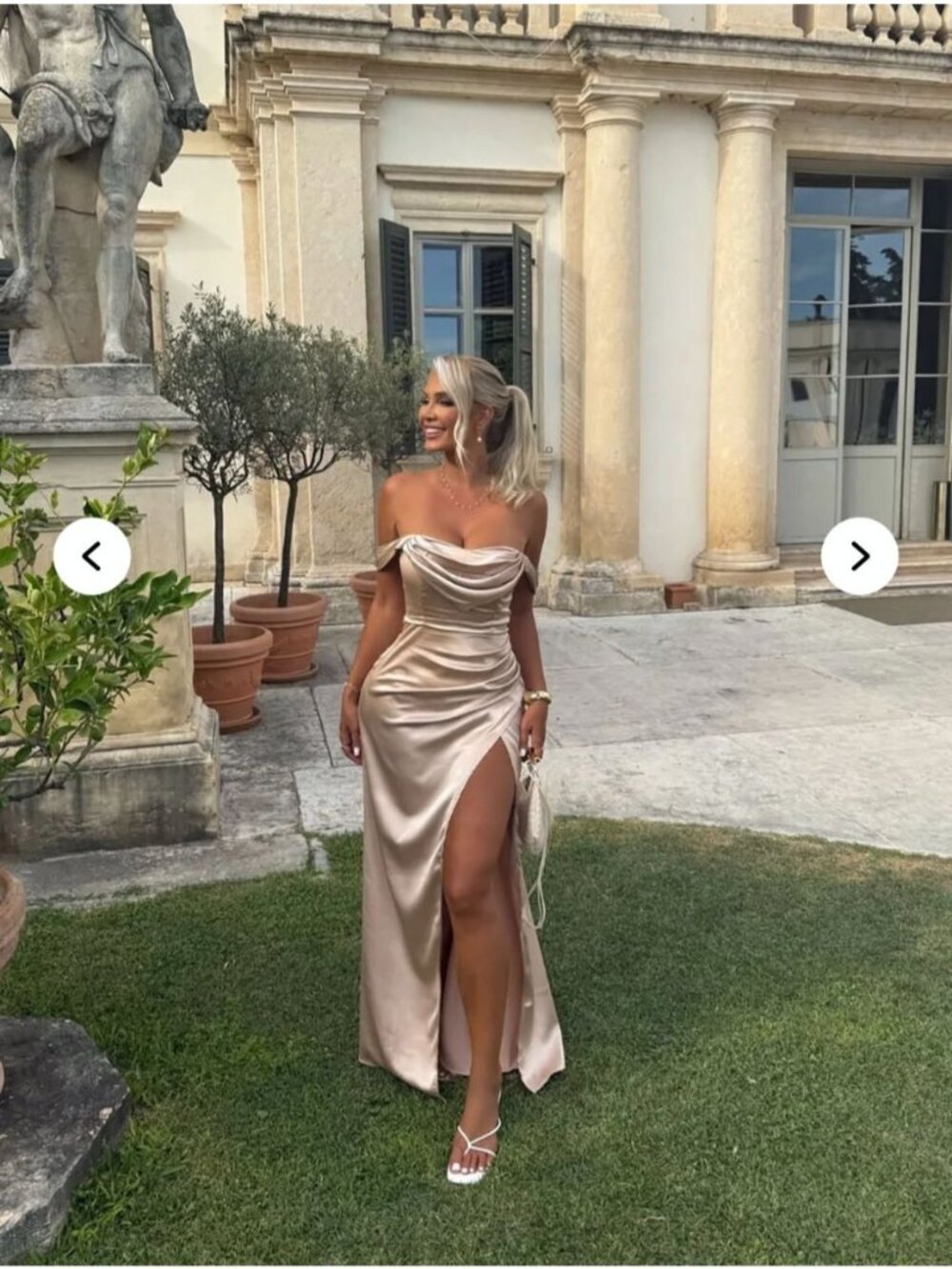 Fashion Nova Dressing for Success Champagne Satin Off-Shoulder Maxi Dress – Size